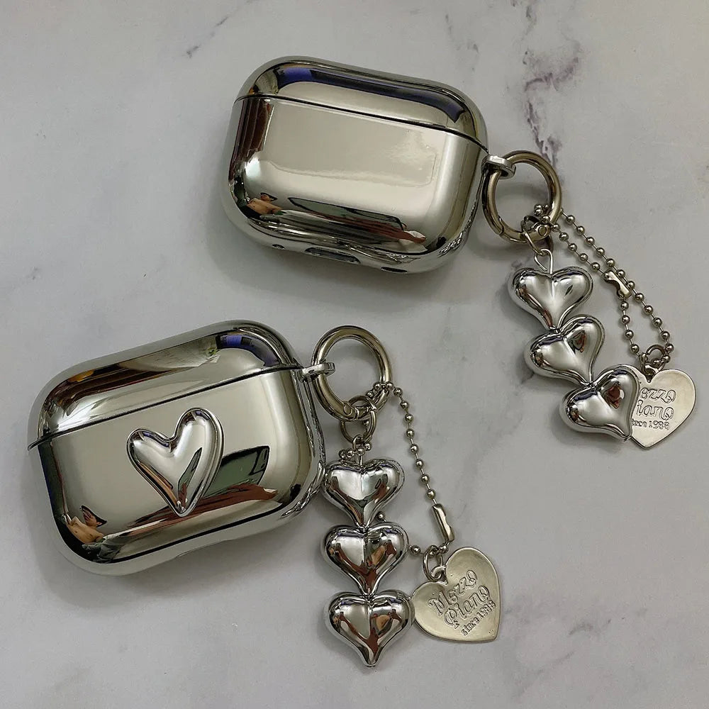 Electroplated Silver AirPods Case - Soft TPU Mirror Finish Cover with Heart Keychain for AirPods 1/2/3/4/5 & Pro 2