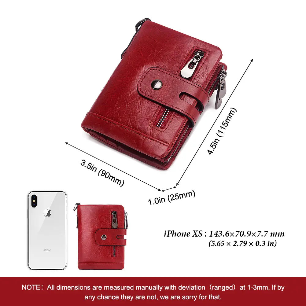Fashion Women’s Leather Wallet — Genuine Leather Clutch with Hasp & Double Zipper, Short Coin Pocket and ID Card Holder Purse
