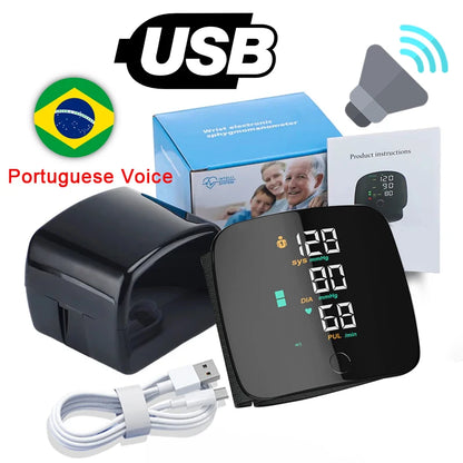 LED Rechargeable Wrist Blood Pressure Monitor – English, Russian, Portuguese, Spanish Voice Broadcast Tonometer