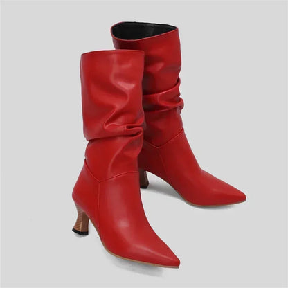 Women’s Winter Pleated Denim Mid-Calf Boots – Pointed Toe Slip-On Slouch Boots with Kitten Heels for Party & Club (Blue, Red, Black)