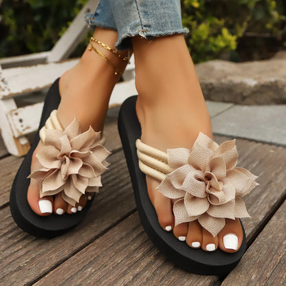 Women's Flower Platform Flip Flops - Soft Sole Non-Slip Beach Thong Sandals