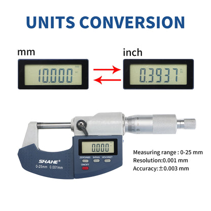 SHAHE 0.001mm Electronic Outside Micrometer — 0-25mm Digital Caliper Gauge for Precision Measurement