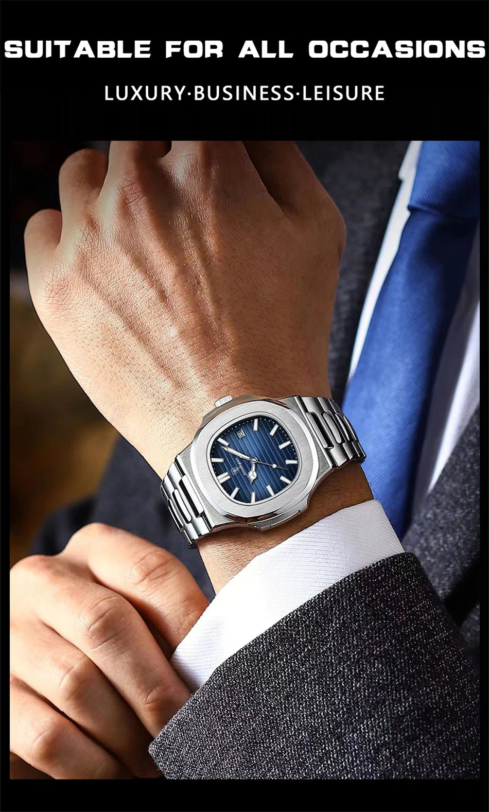 POEDAGAR Luxury Men's Watch – 30ATM Waterproof, Stainless Steel Square Quartz, Luminous Date, Business reloj hombre