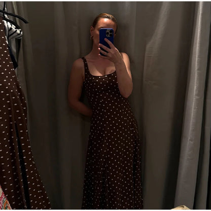 Elegant Women’s Polka Dot Maxi Dress – Chic Sleeveless Round Neck High Waist Slim Fit Vestido for Party & Street, 2025 New