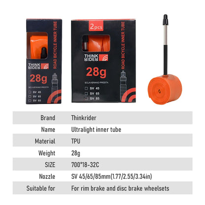 ThinkRider 28g Ultralight Bike Inner Tube — 700x18/25/28 TPU Road Bicycle Tire with 45/65/85mm French Valve