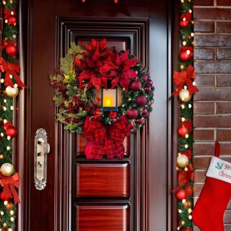 40cm Christmas Wreath with Lantern – Front Door Garland with Large Bow, Seasonal Holiday Ornament for Wall & Door Decor