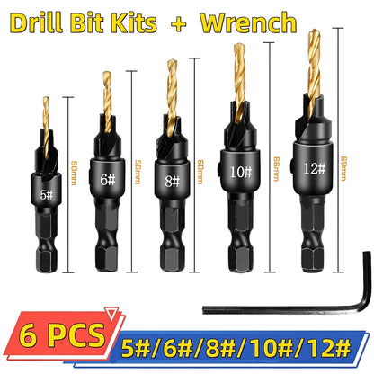 5pcs Countersink Drill Bit Set – Woodworking Pilot Hole Drills for Screw Sizes #5, #6, #8, #10, #12