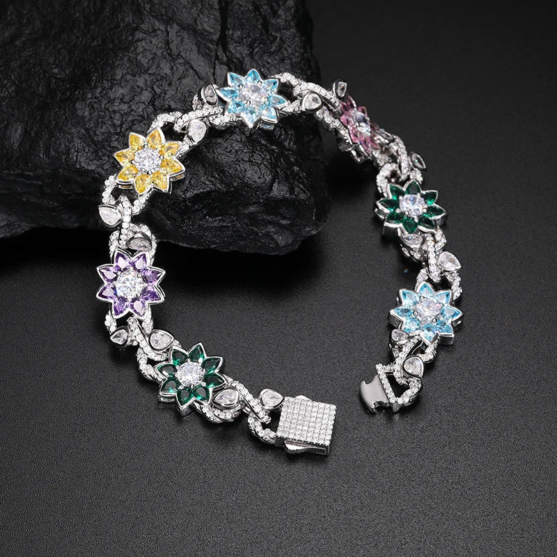 New Iced Out Moissanite Chain Necklace & Colorful Flower Bracelet – Hip Hop S925 Silver, 18K Plated Jewelry for Men & Women