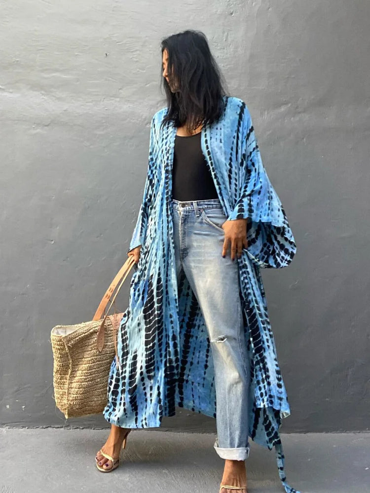 Tie-Dye Bikini Cover Up Kimono – Bohemian Beach Swimsuit Cape Pareo Dress with Belted Wrap Style Summer Swimwear Cover-Up