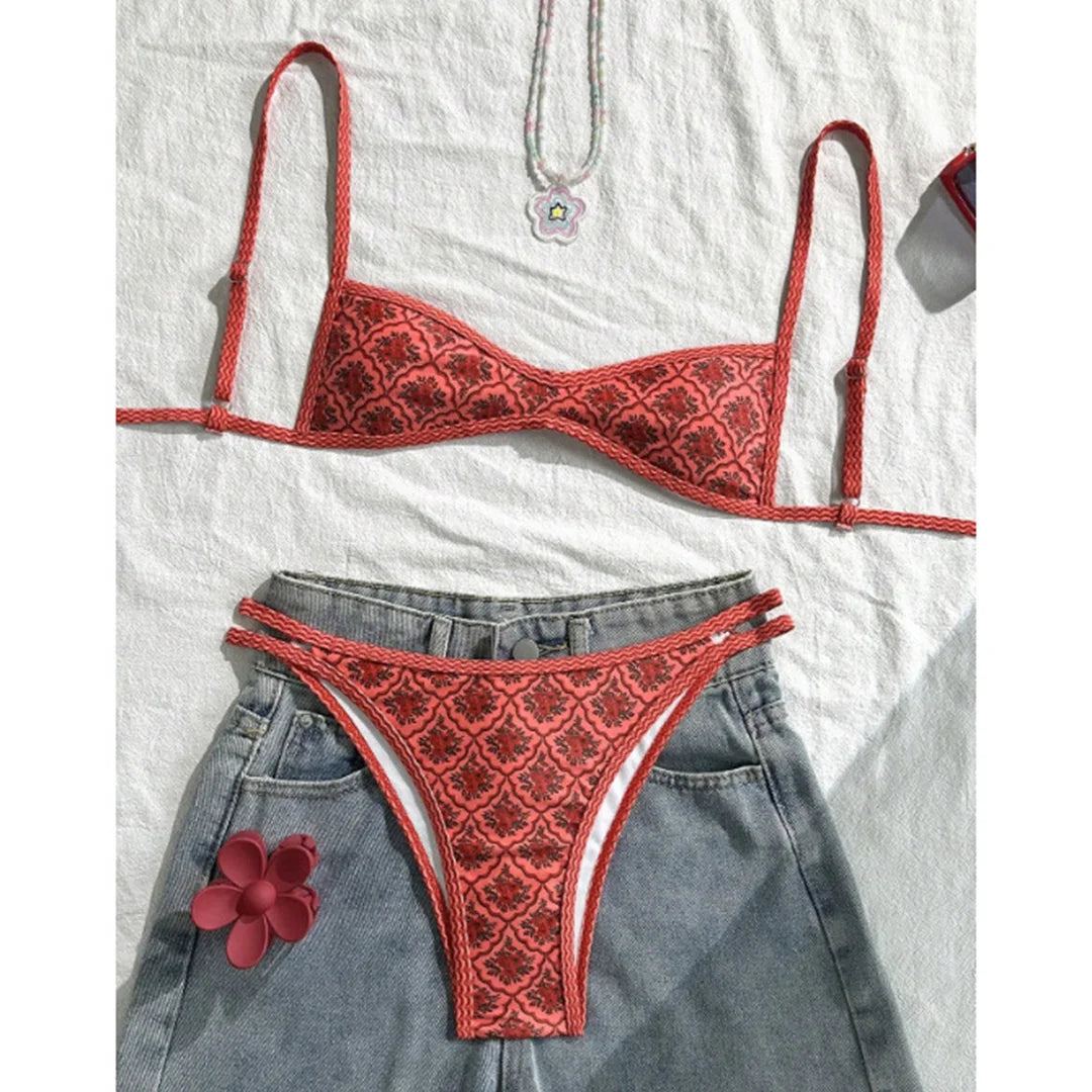 Floral Print High Leg Bikini Set - Women's Two Piece Swimsuit High Cut Beach Swimwear