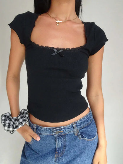 Y2K Vintage Lace Trim Baby Tee - Cottage Style Square Neck Knitted Crop Top for Women Summer Fashion