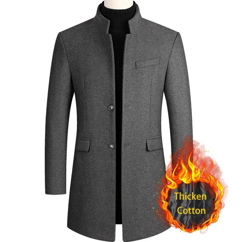 BROWON Men's Wool Trench Coat - Solid Color Business Casual Winter Coat for Autumn & Winter