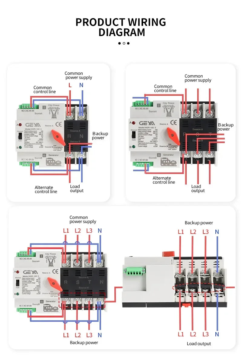 GEYA W2R Dual Power Automatic Transfer Switch - 110V 220V Household ATS Circuit Switch 63A 100A 50/60Hz Backup Power Controller