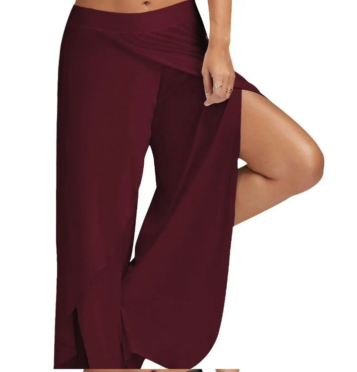 Women’s Plus Size Wide Leg Yoga Pants – Loose Fit Split Hem Dance & Fitness Trousers Elastic Waist Casual Summer Workout Wear