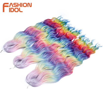 FASHION IDOL 24" Deep Wave Crochet Hair - 3-Piece Synthetic Water Wave Braiding Extensions, Ombre Rainbow Twist Hair
