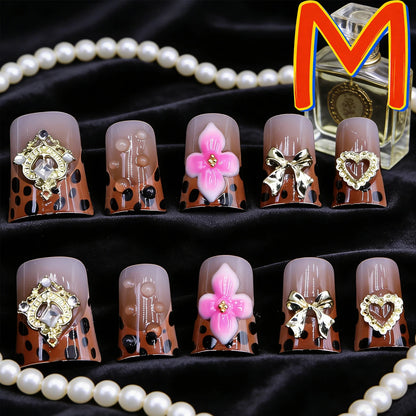 10PCS French Tip Press-On Nails - Short Square Nude Gold Glitter Leopard Nail Set