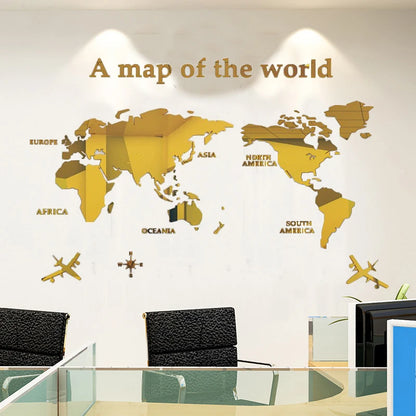 3D Acrylic World Map Wall Stickers – Three-Dimensional Mirror Decals for Bedroom & Office Decoration