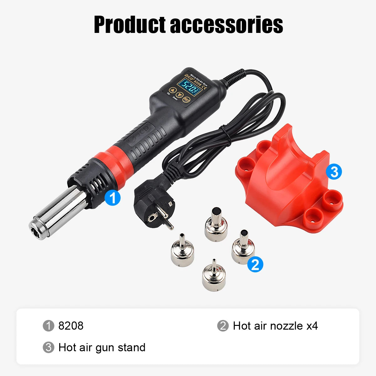 JCD Micro Hot Air Gun 8208 – 750W Soldering & Welding Rework Station, LCD Display All-in-One Heat Gun for BGA & IC Soldering