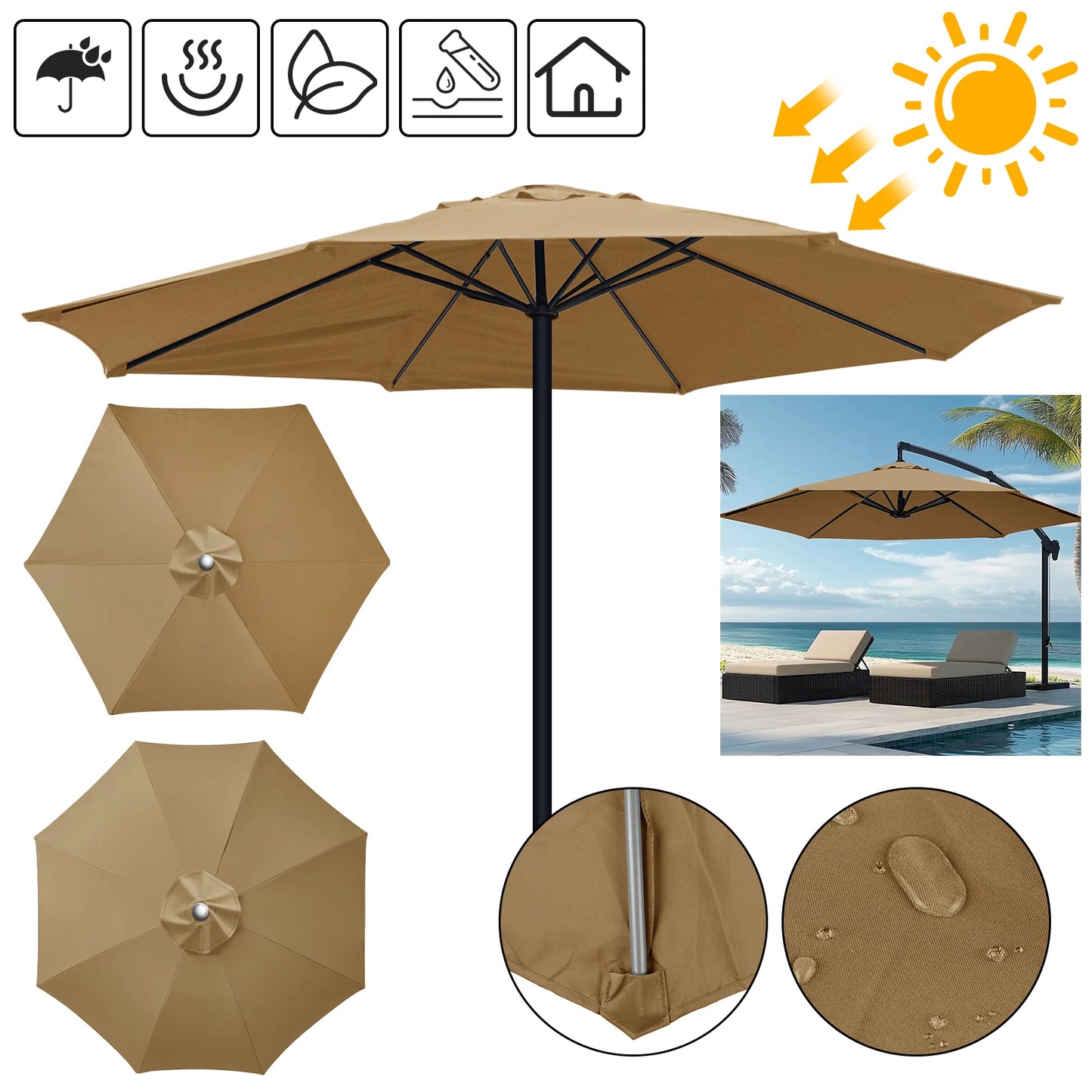 Universal 6/8 Rib Patio Umbrella Replacement Canopy – Polyester Sunshade & Rainproof Outdoor Cover Cloth