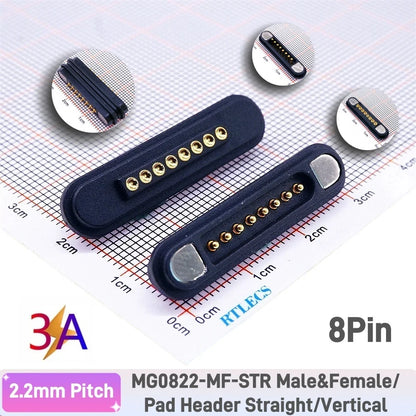 3A Magnetic Pogo Pin Connector - 2–11 Pin Spring-Loaded Male/Female Contact Strip, 2.2mm Pitch