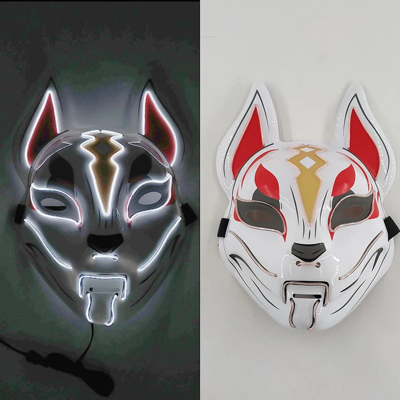 Glowing LED Fox Mask – Neon Japanese Anime-Inspired Samurai Cosplay Mask for Halloween, Christmas & Costume Parties