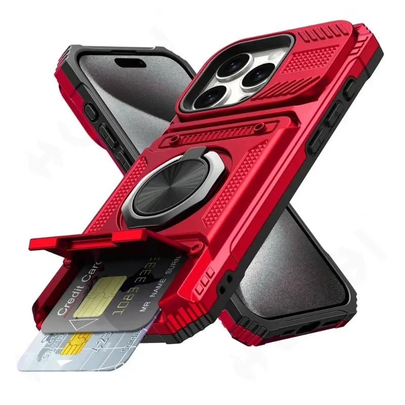 Magnetic Ring Kickstand iPhone Case – Heavy Duty Drop Protection Wallet Cover for iPhone 16/15/14/13/12/11 Pro Max, XS, XR, 8 & 7 Plus