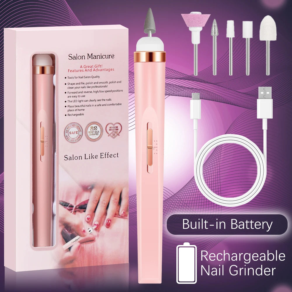 YIKOOLIN 5-in-1 Electric Nail Drill - USB Rechargeable Portable Manicure & Pedicure Kit