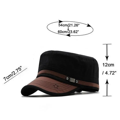 Casual Cadet Hat for Men - Flat Top Cotton Visor Cap - Vintage Army Style Dad Hat for Summer and Autumn - Unisex Baseball Cap