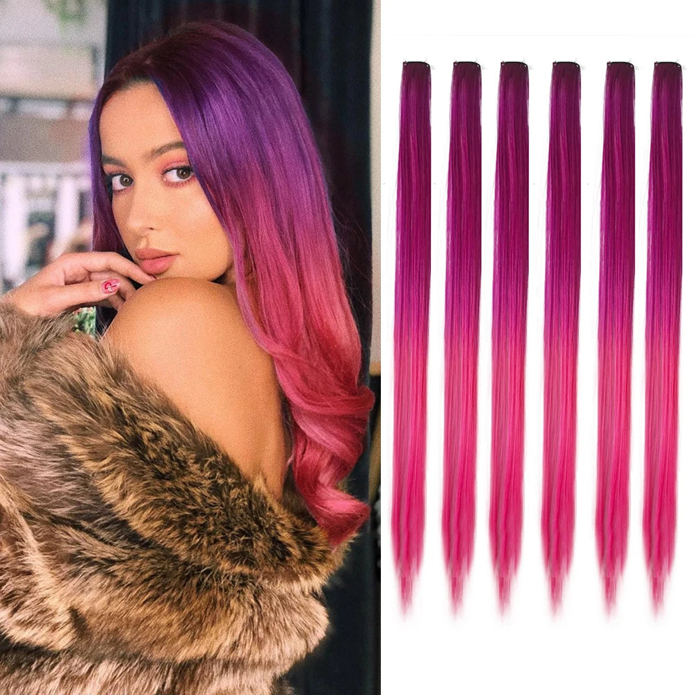 22-Inch Colored Clip-In Hair Extensions – 6pcs Straight Synthetic Party Highlight Hairpieces