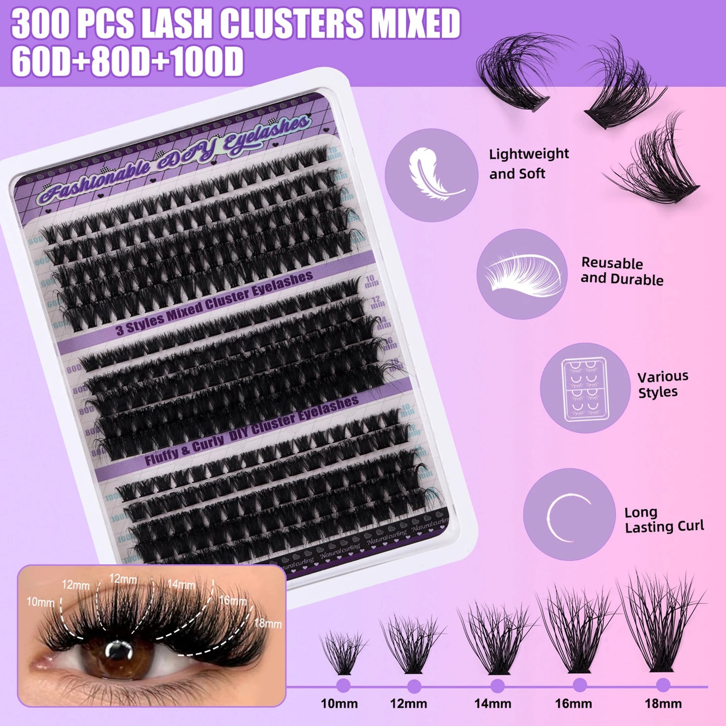 270pcs Individual Cluster Lashes — Fluffy Volume False Eyelashes with Bond & Seal Glue Kit, 60D/80D/100D Extensions