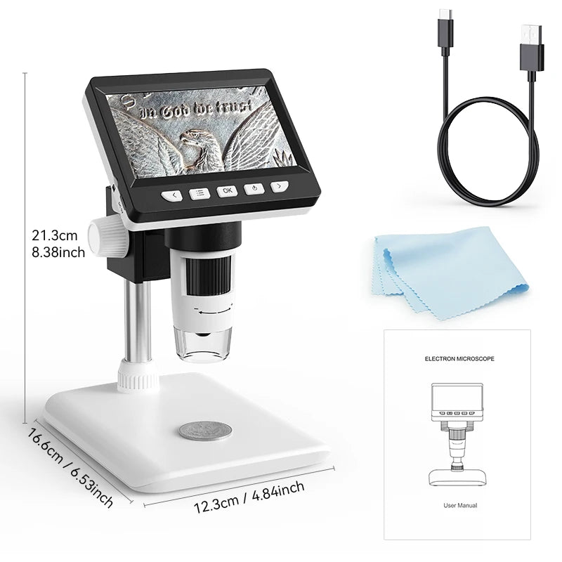 Digital Microscope 4.3” IPS Screen – 1600X Magnification 2MP USB Coin & PCB Inspection Microscope for Watch Repair & Electronics