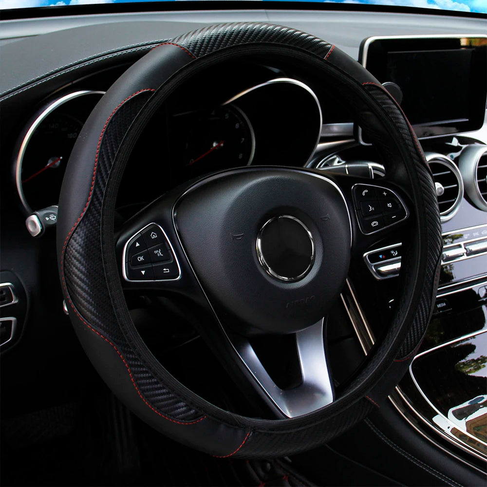 PU Carbon Fiber Leather Steering Wheel Cover — No Inner Ring, Fits 14.5-15 Inch Cars