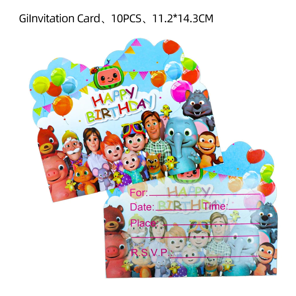 Cartoon JJ Melon Birthday Party Decorations Set – Disposable Tableware, Cups, Plates, Tablecloth, Balloons & Cake Topper for Kids & Baby Shower