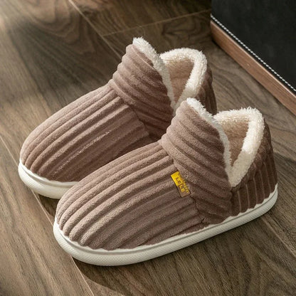 Winter Couple Striped Plush Slippers – Soft Non-Slip Warm Cotton Home Shoes for Men & Women