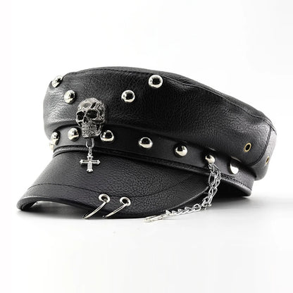 Women’s Punk PU Leather Beret Hat – Vintage Flat Top Military Style Cap for Outdoor Casual Wear & Street Fashion Accessories