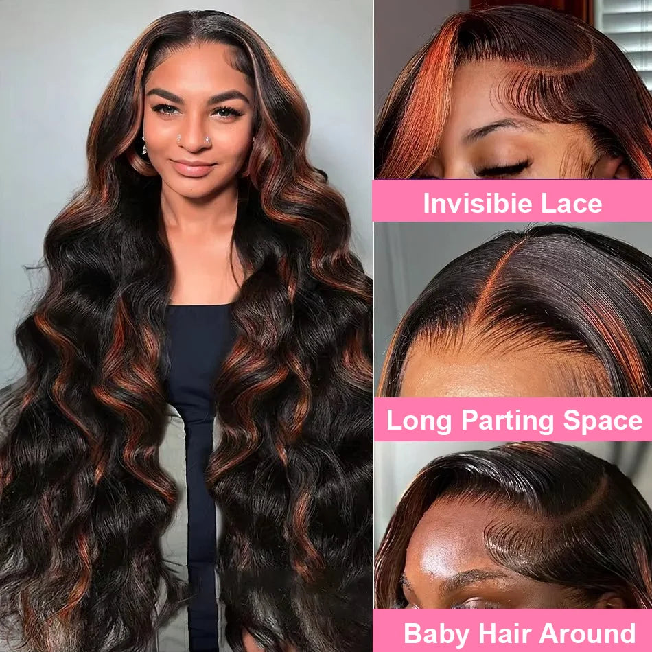 30 Inch Brazilian Body Wave Highlight Ombre Wig – 13x4 Lace Front, 1B/30 Black Brown Human Hair Wig for Women