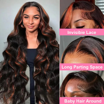 30 Inch Brazilian Body Wave Highlight Ombre Wig – 13x4 Lace Front, 1B/30 Black Brown Human Hair Wig for Women