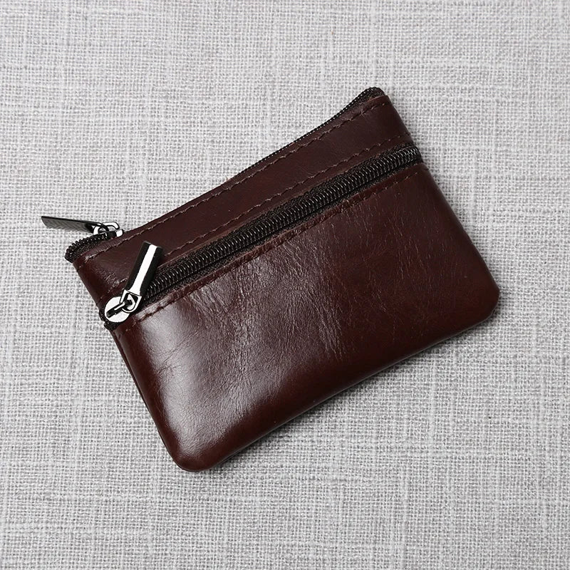 Leather Mini Coin Purse – Unisex Retro Handmade Cowhide Small Wallet with Zipper & Key Case