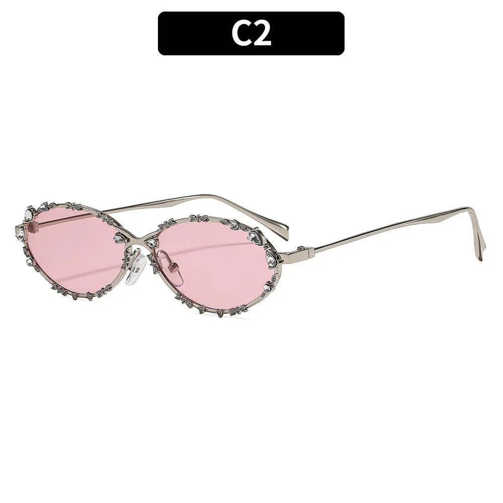 Luxury Diamond Oval Sunglasses - Rhinestone Metal Frame Fashion Eyewear for Men and Women Driving Style