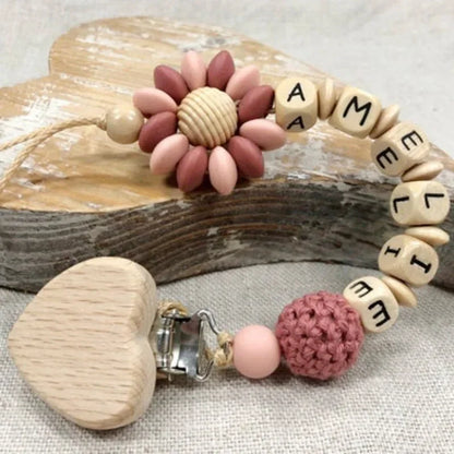DIY Custom Name Silicone Beads & Wooden Ring Pacifier Clip – Safe Baby Teether, Eco-Friendly Dummy Chain Gift