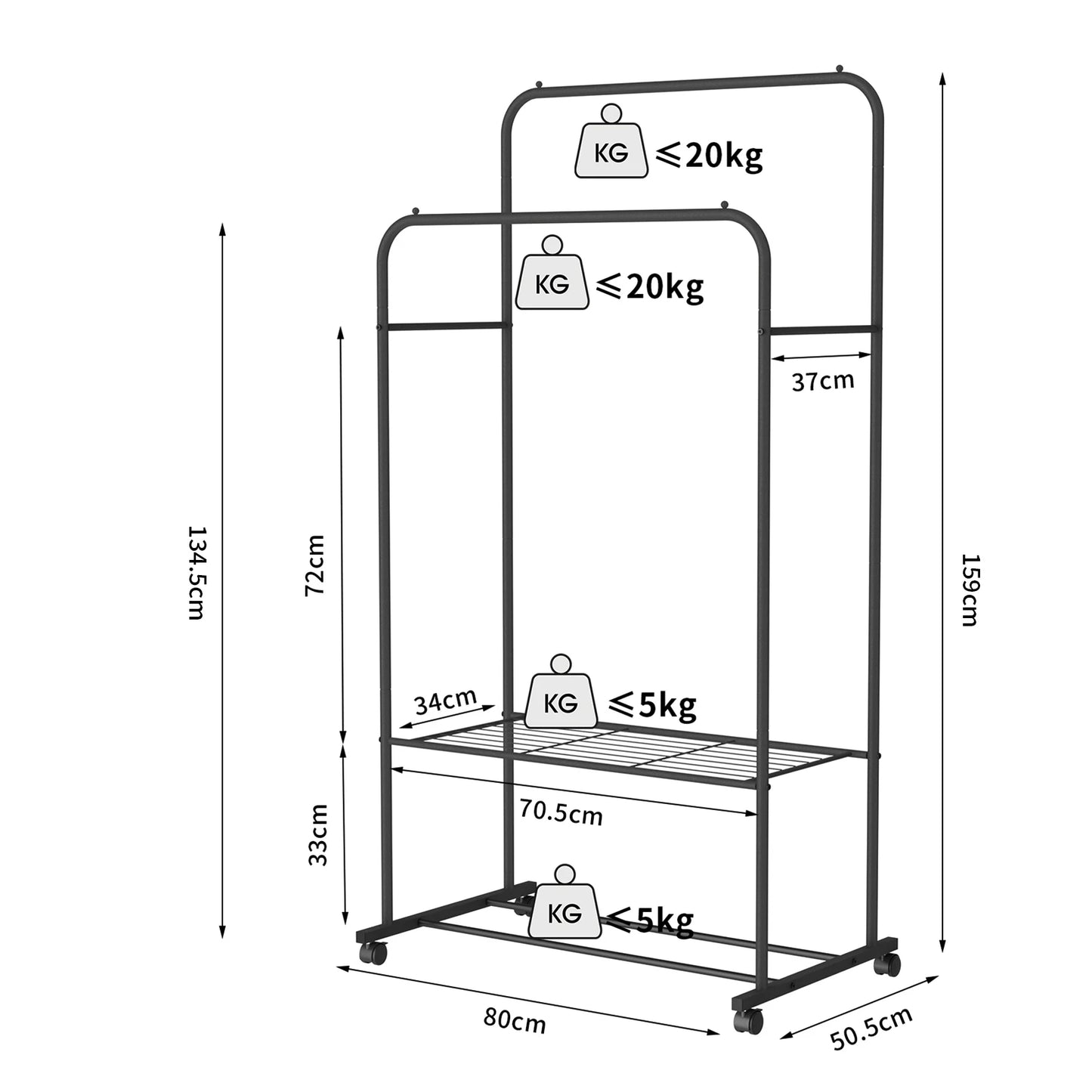 Rolling Clothes Rack – Garment Hanger with 2-Tier Storage Shelves