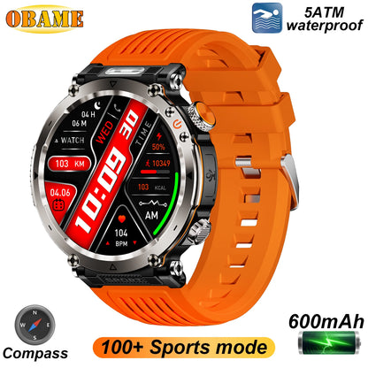 2025 5ATM Outdoor Smartwatch for Men – 600mAh Battery, LED Flashlight, Compass, Bluetooth Call, Heart Rate, IP68 Sports Watch