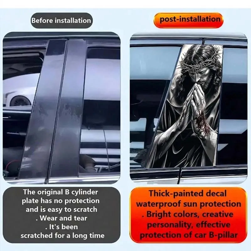 2-Piece Jesus Prayer Car Sticker Set - Sun-Protective Door Pillar Decals with Easy Stick-On and Peel-Off Design