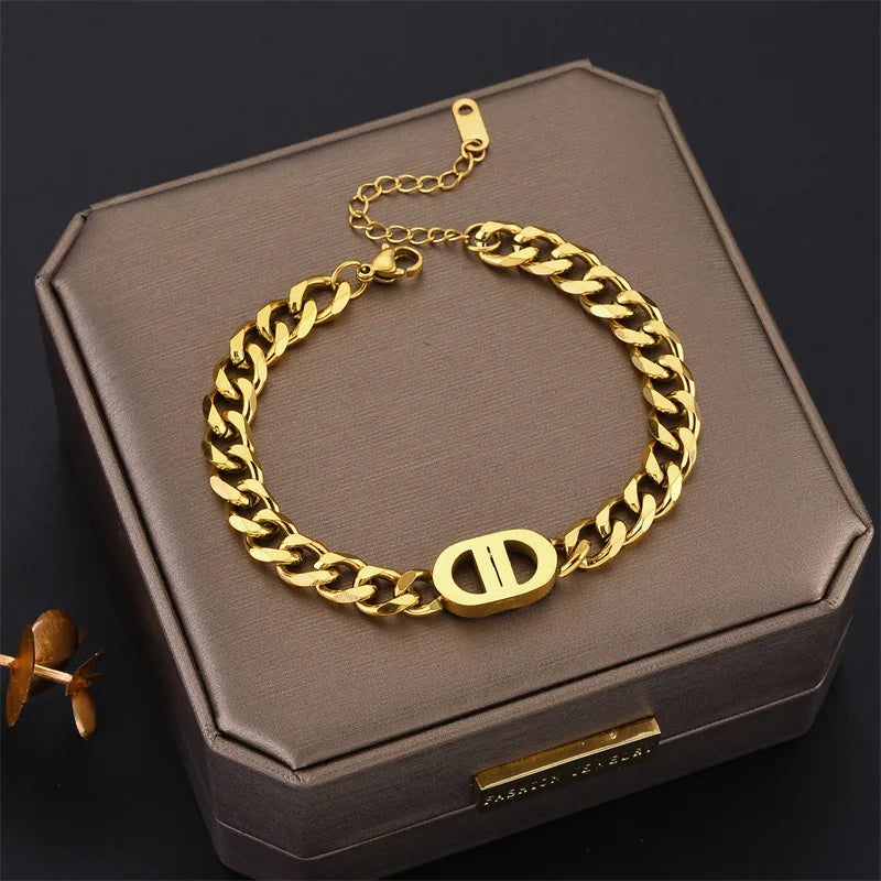 SGMAN Stainless Steel Cuban Chain Bracelet – Gold-Plated Fashion Bangle Set for Women, Waterproof Jewelry Gift