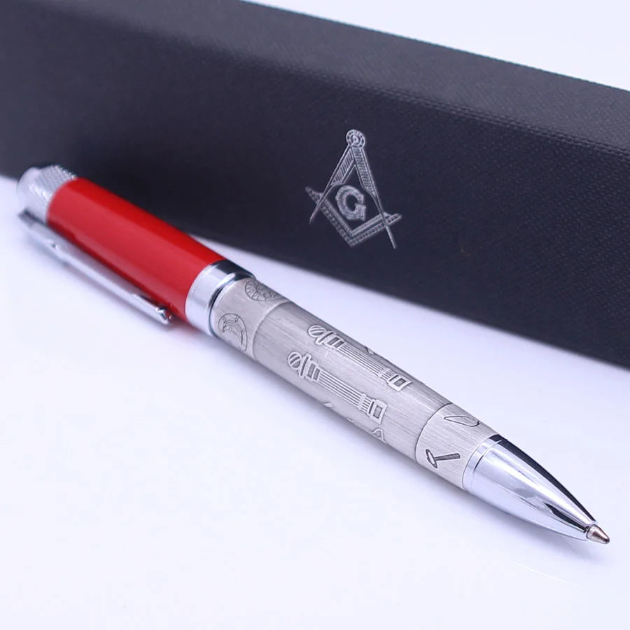 Masonic Silver Ballpoint Pen — Heavyweight Ancient Symbol Writing Pen with Gift Box, Black/Red/Green