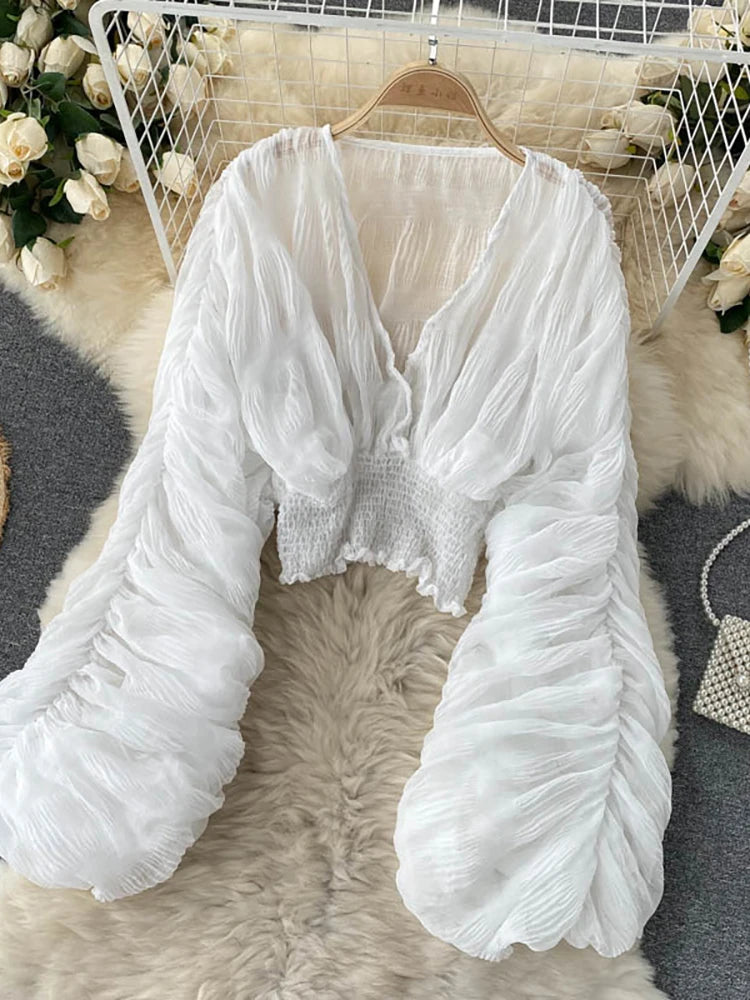 Women's Draped Chiffon Blouse - Elegant V-Neck Puff Sleeve Slim-Fit Party Top for Summer Fashion