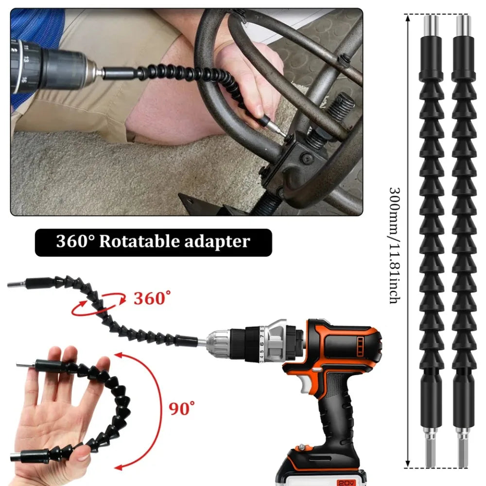 Flexible Drill Bit Extension & Right Angle Adapter Set – 105° Rotatable Hex Shank Screwdriver Bit Kit