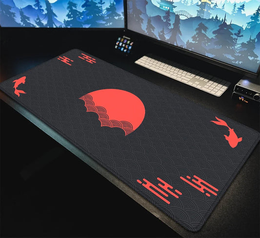 Japanese XXL Desk Mat 90x40 — Black & Red Koi Fish Gaming Mouse Pad, Sunrise Art Rubber Mousepad