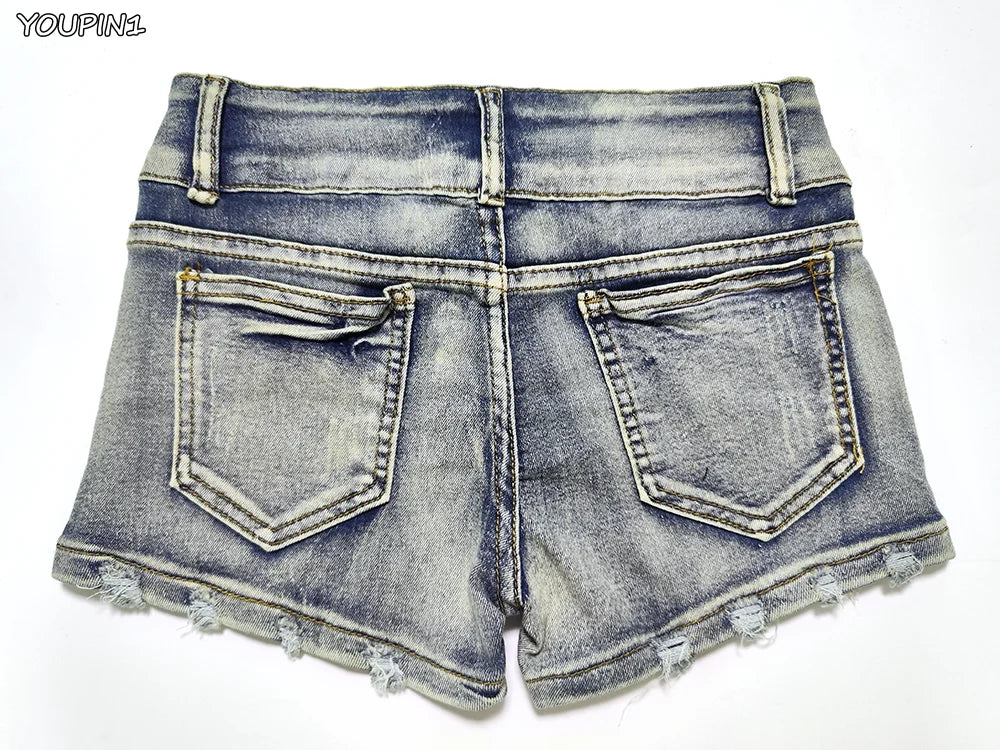 Sexy Low Rise Denim Shorts – Women’s Slim Skinny Rivet Vintage Blue Y2K Jeans for Summer
