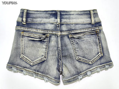 Sexy Low Rise Denim Shorts – Women’s Slim Skinny Rivet Vintage Blue Y2K Jeans for Summer